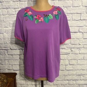Vintage Purple Floral Short Sleeve Top with Shoulder Pads – Women’s